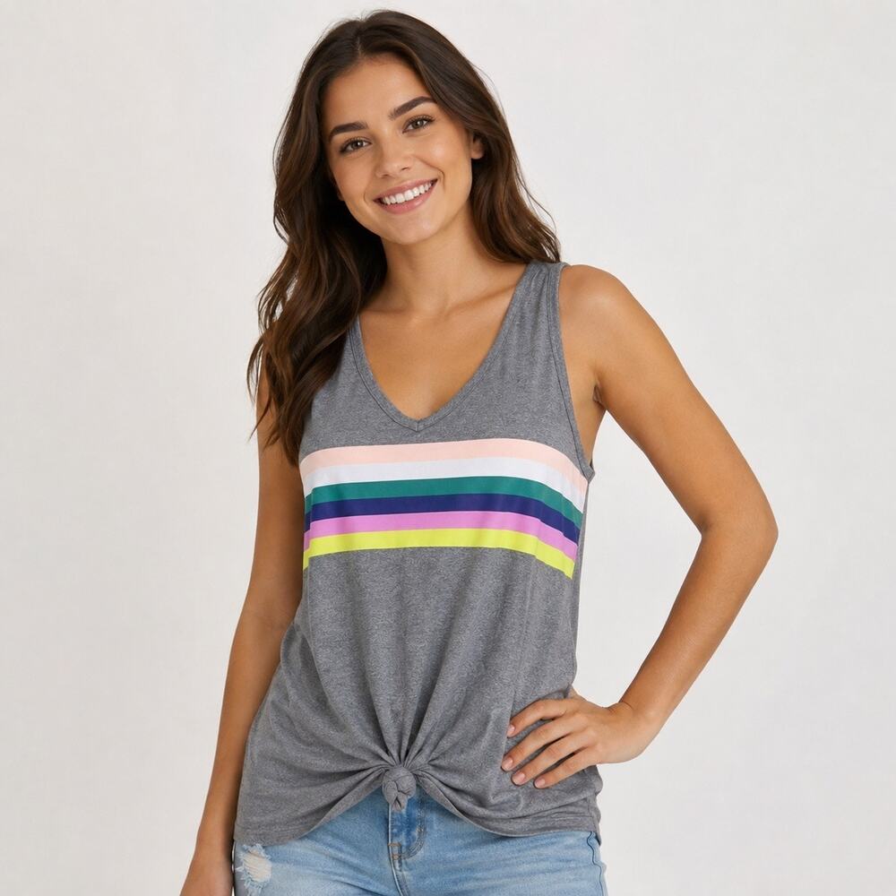 Love Fire Womens Tank Top Large Gray Rainbow Striped Sleeveless V Neck Tie Front